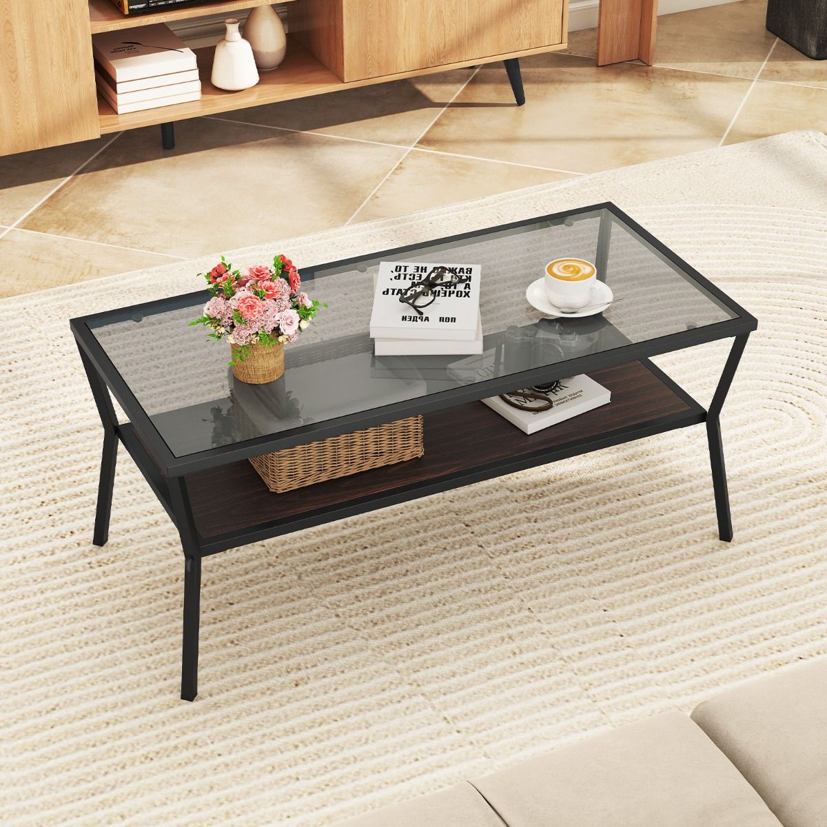 Table basse Coast rectangulaire - plateau en verre trempé - piètement en métal - gris et noir