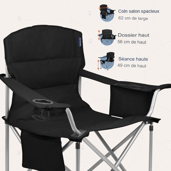 TRVLMORE Chaise de camping - Pliable - Chaise pliante confortable - Capacité de charge de 150 kg - Porte-boisson - Compartiment pour glacière - Poche latérale - Noir