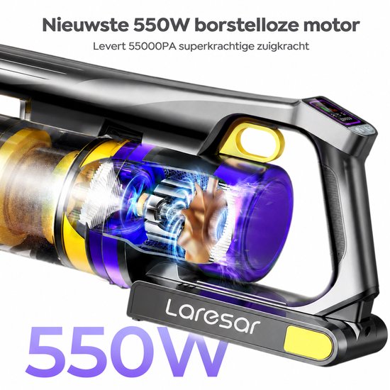 Laresar X11 - Aspirateur balai sans fil - Aspirateur balai sans sac à batterie - 550 W - 55 000 PA - 2 en 1 - Peut également servir d'aspirateur à main