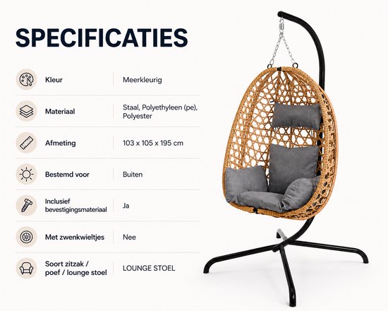Fauteuil suspendu avec support et coussins – Fauteuil suspendu de jardin haut de gamme pour l'extérieur – Capacité de charge de 150 kg – 103 x 105 x 195 cm