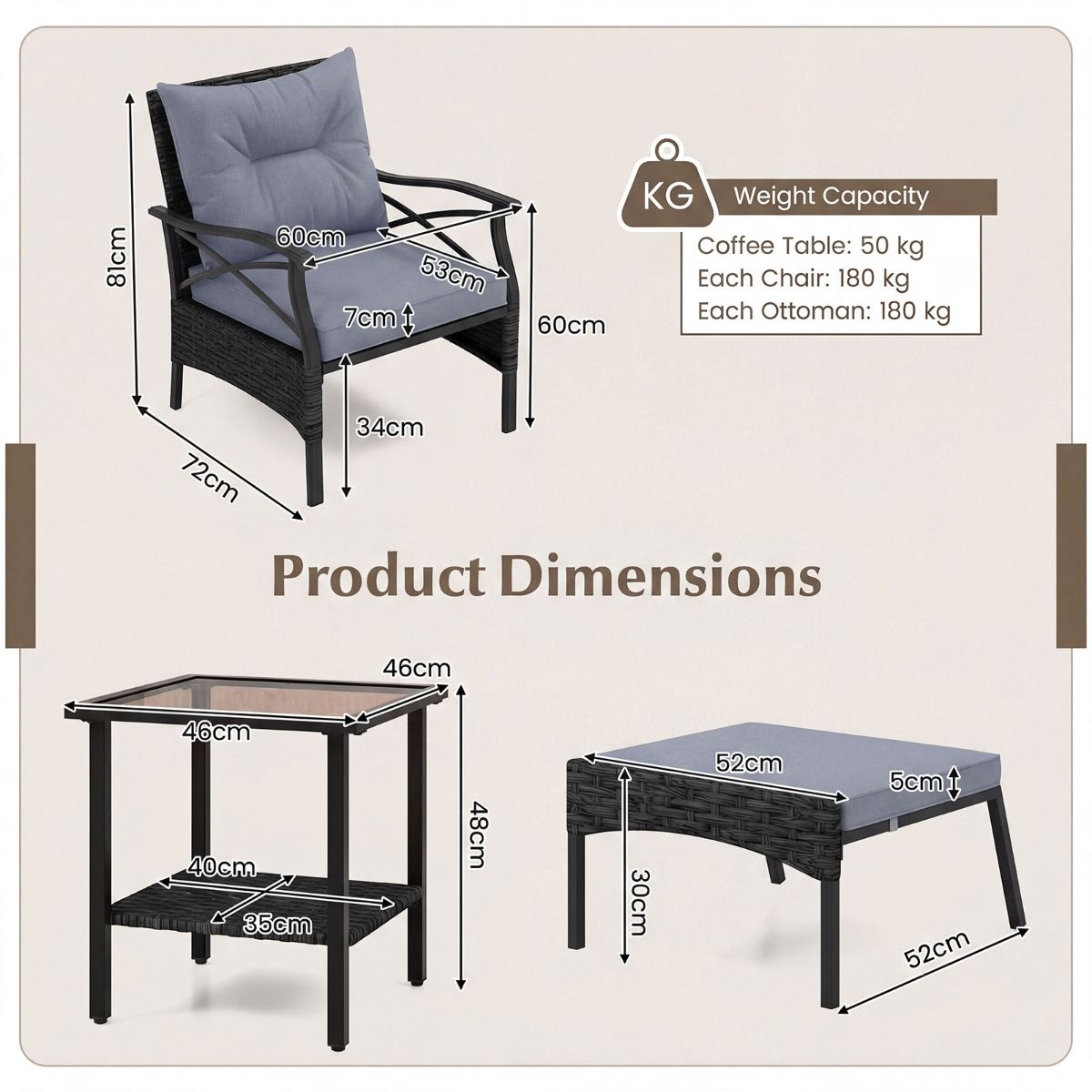 Ensemble de mobilier de jardin Coast 5 pièces - chaises en rotin avec repose-pieds - coussins et table basse - marron mélangé