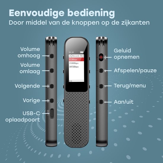 Audyn Voice Recorder Digital - 400 heures d'enregistrement audio - écoute à distance - dictaphone - enregistrements HD 360° - noir