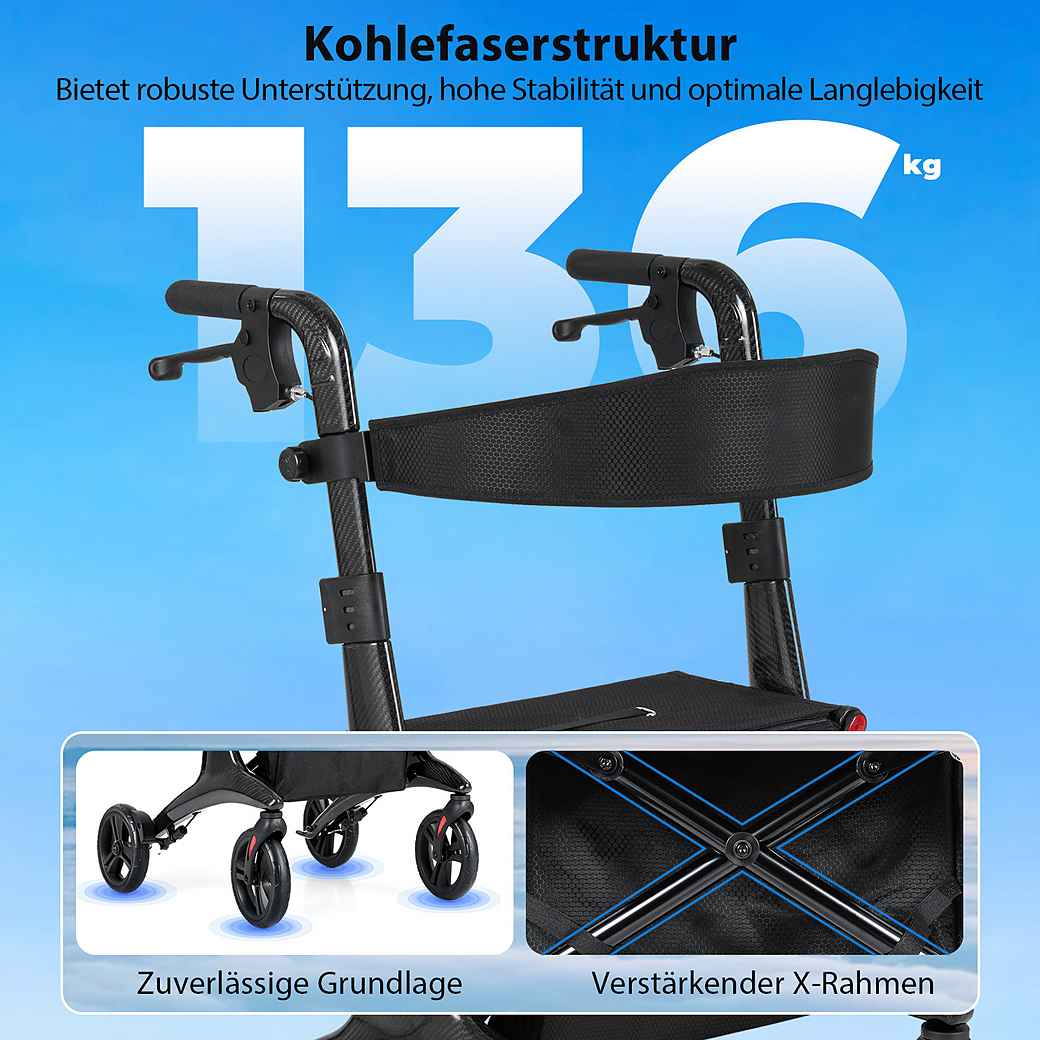 Coast Foldable Rollator Black - Aide à la marche ultralégère en carbone avec siège - 78 x 62 x 86-99 cm