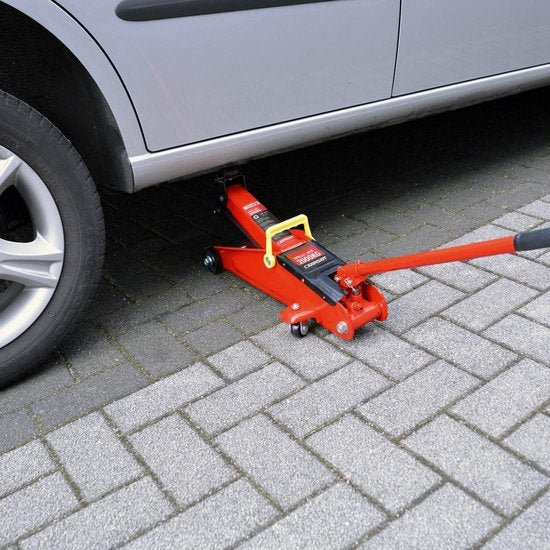 Cric de garage Carpoint - Mobile - Hydraulique - Capacité de charge maximale 2000KG - Hauteur de levage de 130-380mm - Valve de sécurité automatique - Longue tige de pompe - Roues pivotantes - Avec certification de produit TüV/GS