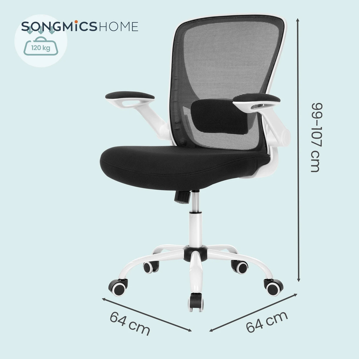 Chaise de bureau ergonomique en maille JOYFURNOS - Noire - 60 x 64 x 103–110 cm - Soutien lombaire réglable - Accoudoirs rabattables