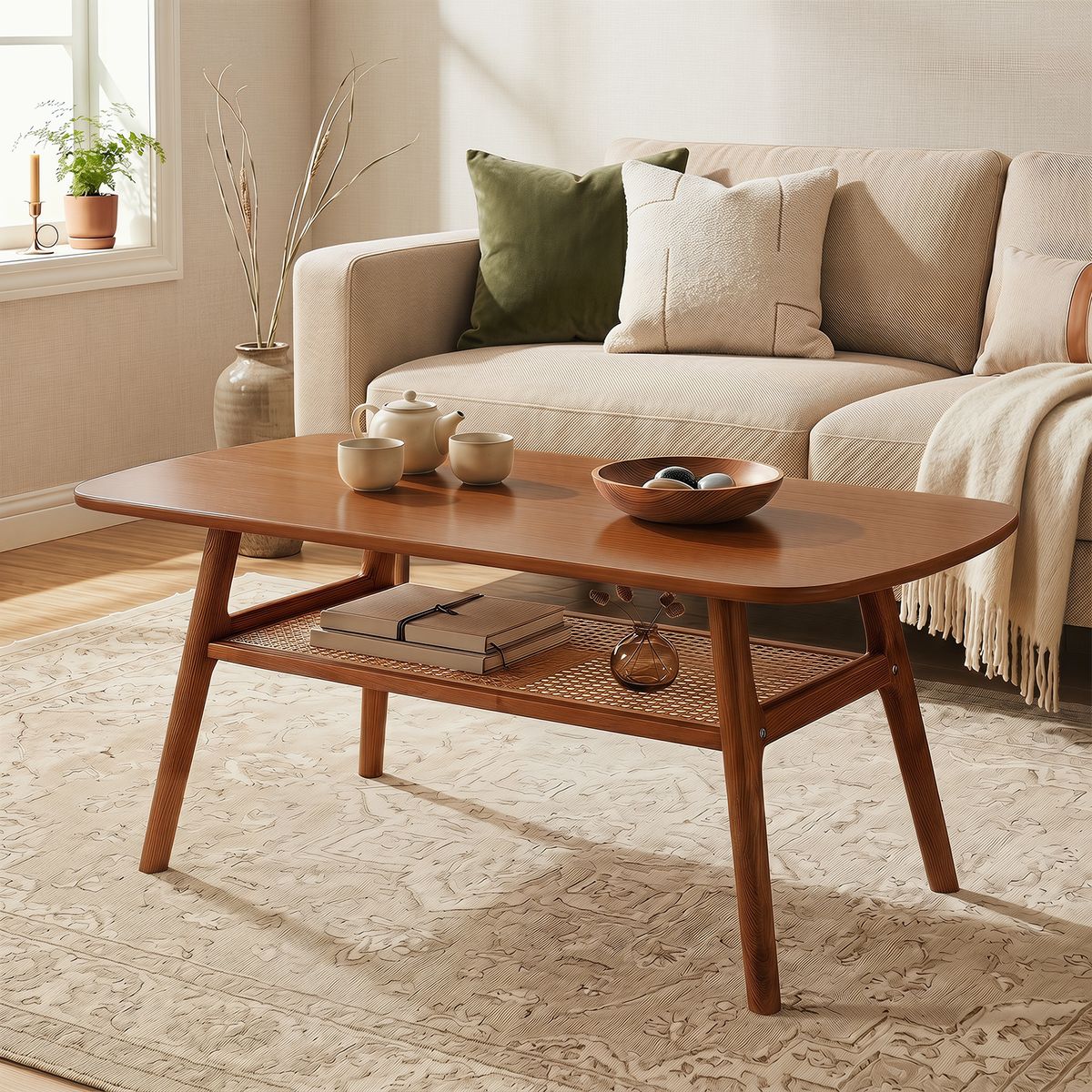 Table basse Coast - avec rangement en rotin - rectangulaire - noyer
