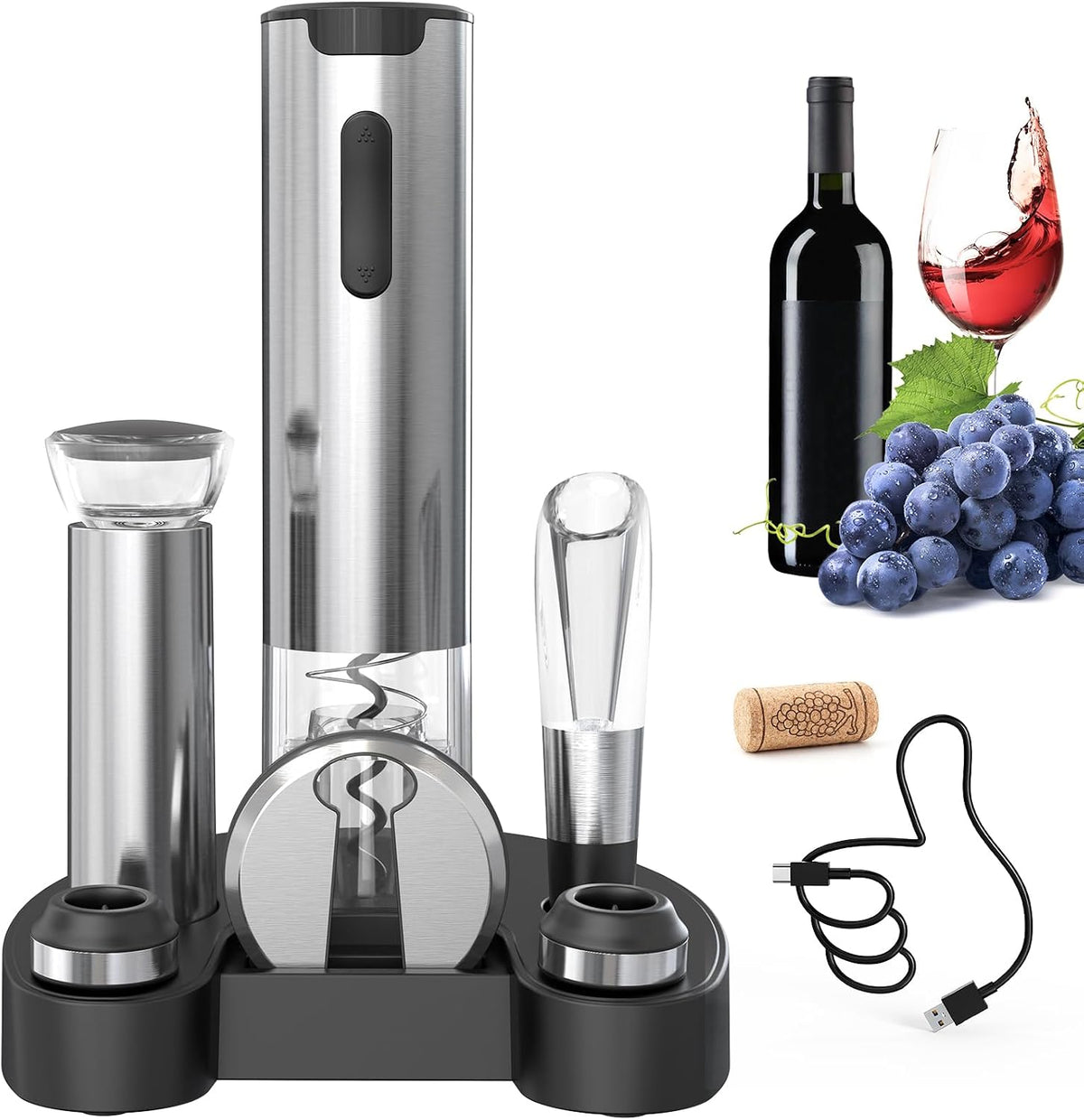 Ensemble d'ouvre-bouteilles électrique Circle Joy - Rechargeable avec station de recharge - Argent