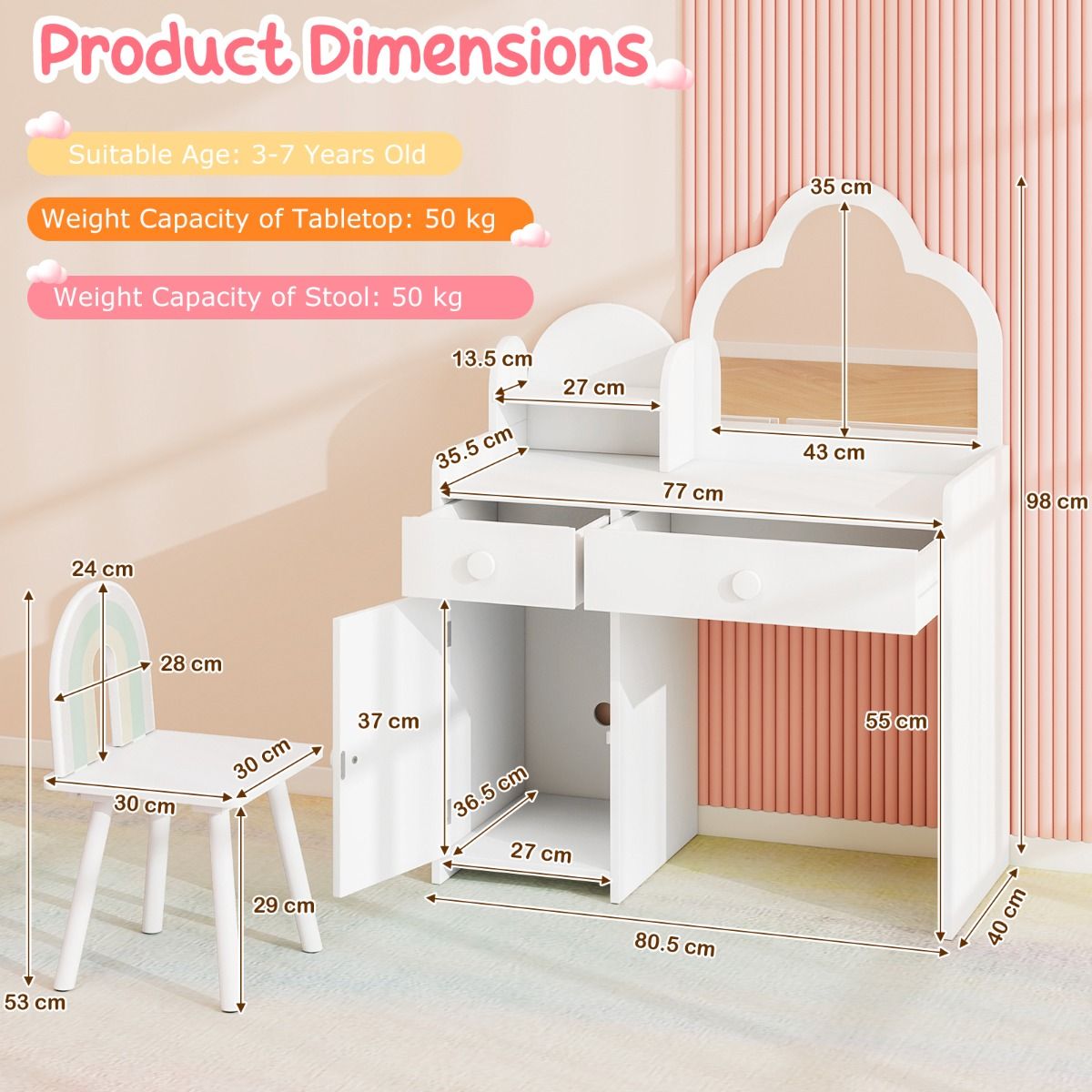 Ensemble de coiffeuse pour enfants Coast - miroir en forme de nuage - coiffeuse 2-en-1 avec tabouret - blanc