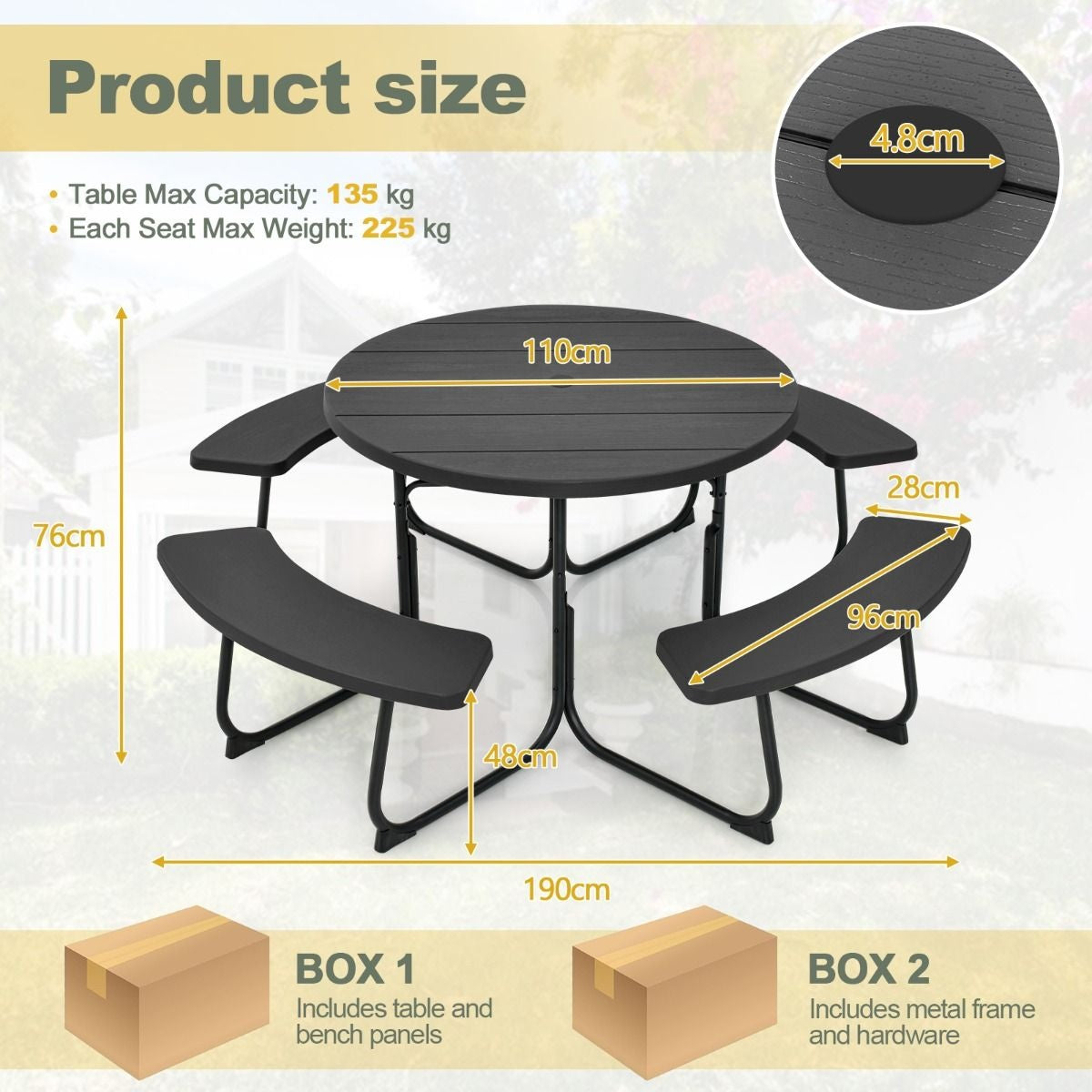 Coast Picknicktafel met 4 Banken - Rond - 8 Personen - Max. 225 kg per Bank - Ø190cm x 76 cm - Zwart