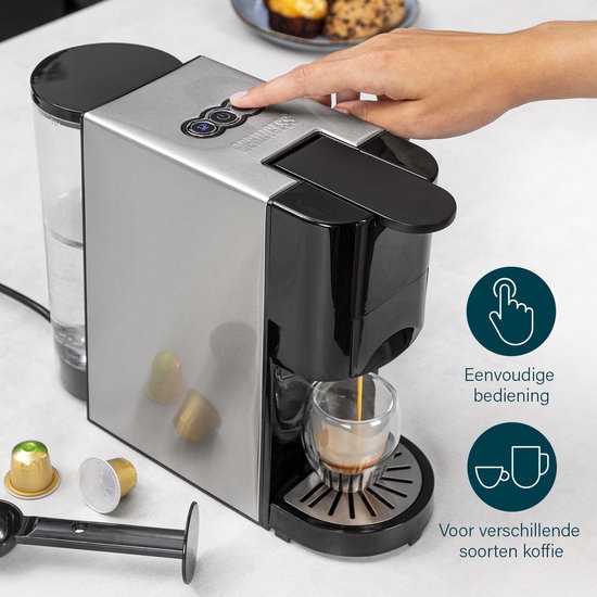 Princess 249450 Cafetière à filtre multi-capsules - Acier 4 en 1 - Convient pour plusieurs cafés
