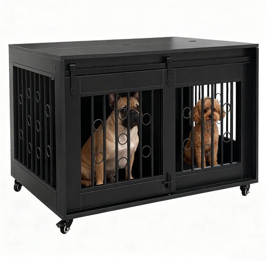 Niche pour chien sur roues - cage pour 2 chiens sur roues - niche - pour chiot et petits chiens - 2 espaces séparés