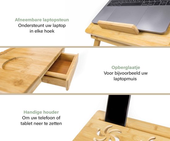 Budu Table pour ordinateur portable - Table de lit - Table de canapé - Table pour ordinateur portable réglable - Table pour ordinateur portable en bois de bambou - Support pour ordinateur portable - Table pour petit déjeuner - Petit déjeuner au lit