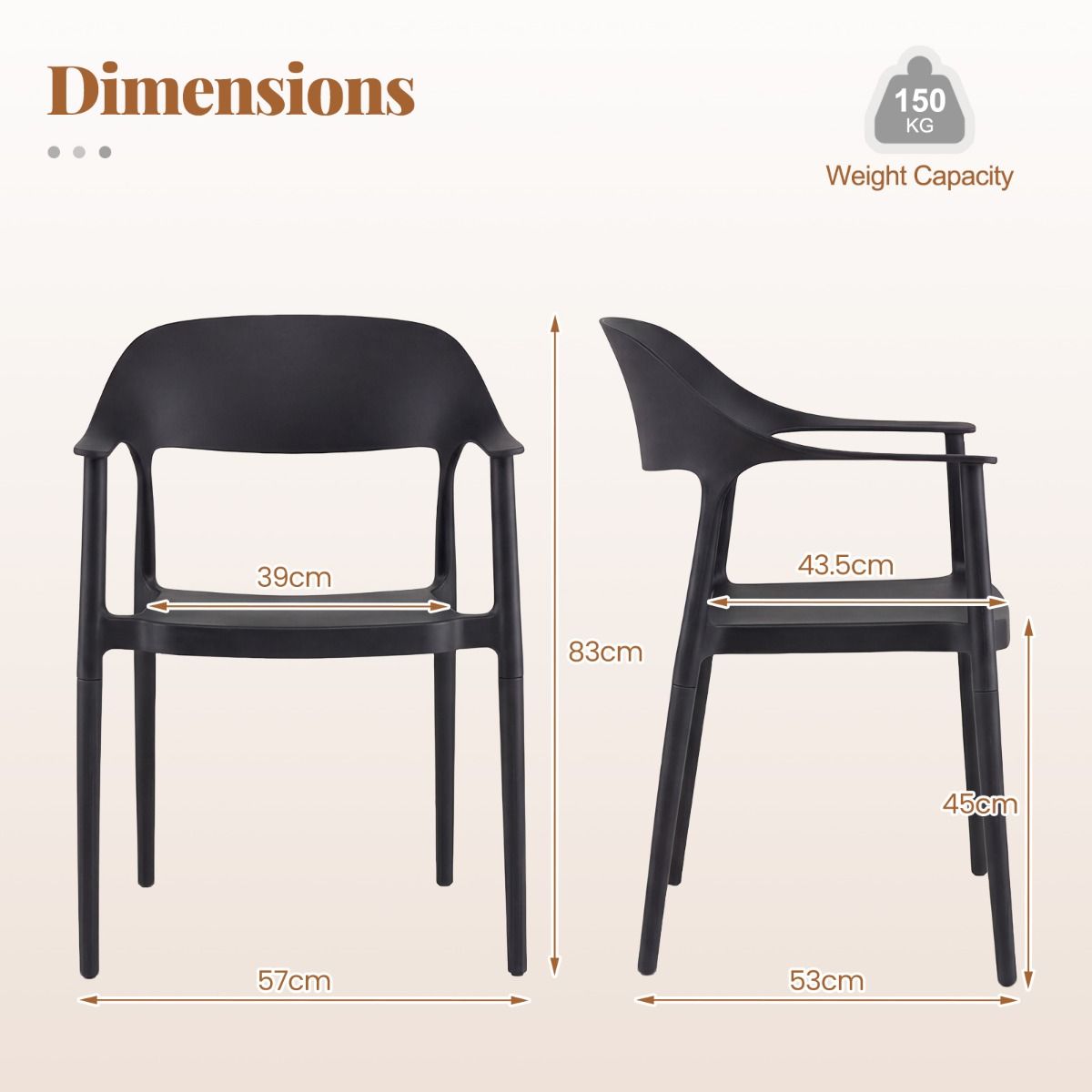 Chaise de salle à manger Coast - empilable - en plastique résistant aux intempéries - avec accoudoirs et dossier - noir/blanc
