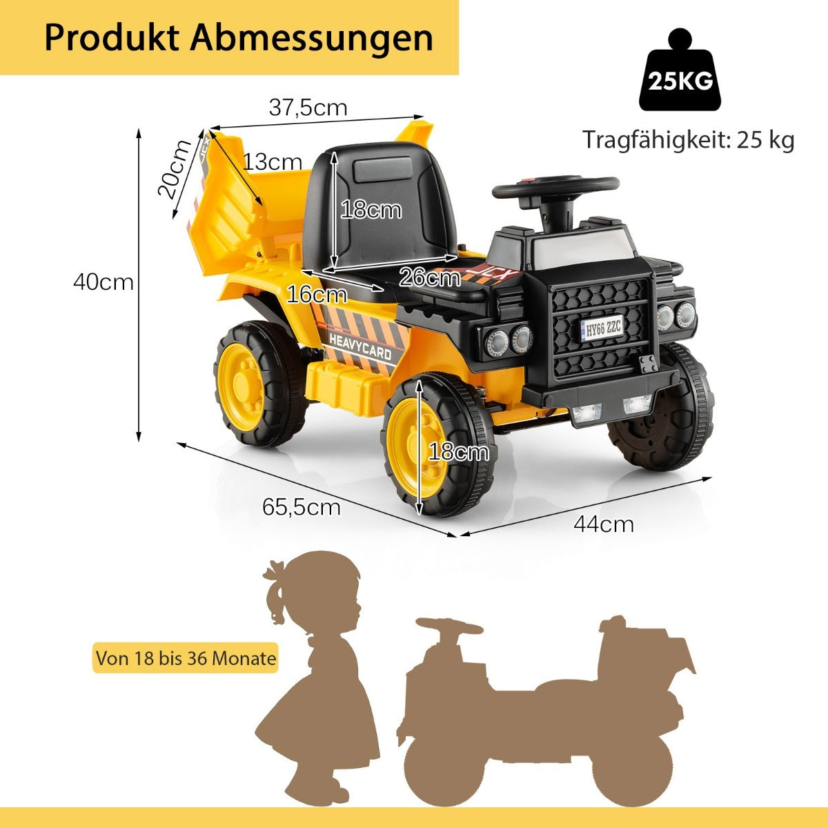 Coast 6V Kids Mulden benne avec casque de protection jusqu'à 2,5 km/h pour les enfants à partir de 18 mois jaune