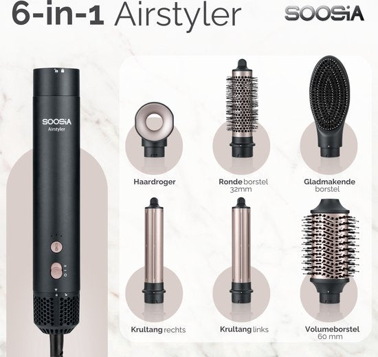 Soosia 6-in-1 Airstyler - Sèche-cheveux et fer à friser - Sèche-cheveux - Multistyler - Brosse à cheveux et brosse à boucler - Enveloppe pour cheveux