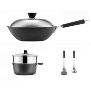 Batterie de cuisine Cooker King 5 pièces - Wok en fonte 4,5 L - Casserole en aluminium 3 L - Panier vapeur en acier inoxydable - 2 spatules