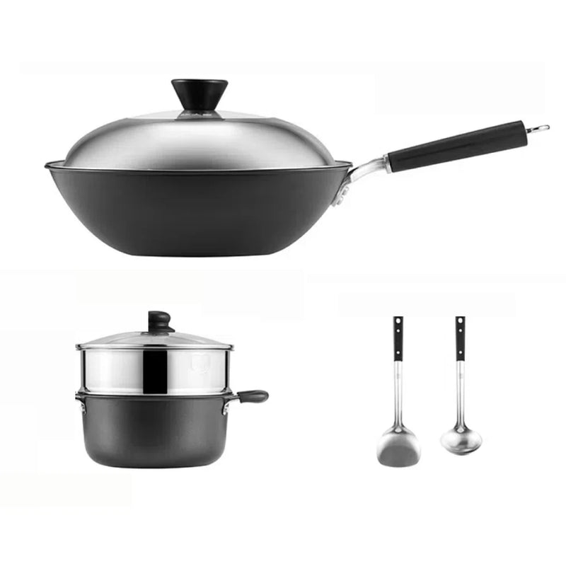 Batterie de cuisine Cooker King 5 pièces - Wok en fonte 4,5 L - Casserole en aluminium 3 L - Panier vapeur en acier inoxydable - 2 spatules