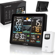 LONQ Station météo intérieure et extérieure Q5 - Piles incluses - Station météo sans fil avec capteur extérieur - Thermomètre Hygromètre - Affichage couleur - Horloge contrôlée par DCF