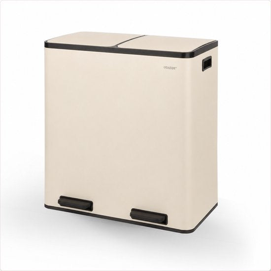 Poubelle O'DADDY® – Poubelle – Poubelle de 60 litres – Poubelle à pédale – Poubelle – Poubelle à 2 compartiments - Poubelle à tri sélectif – Poubelle de tri sélectif - 2 seaux intérieurs - Fermeture en douceur - 15 sacs poubelle inclus - Beige