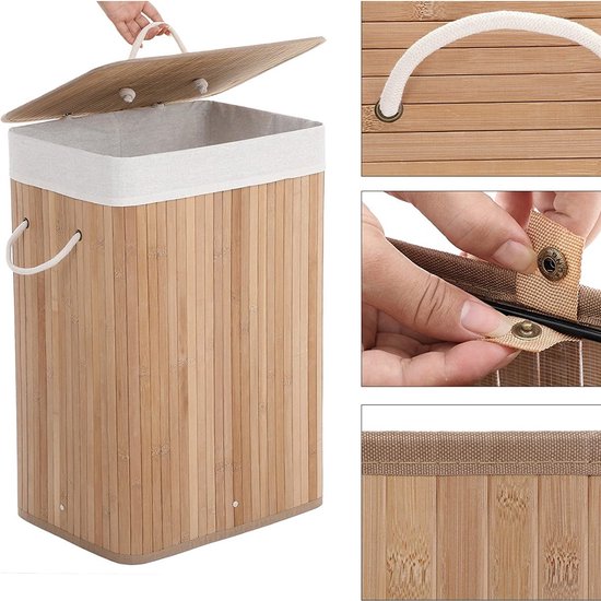 Songmics XL 72 litres - Grand panier à linge pliable - bambou - doublure lavable - 40 x 30 x 60 cm