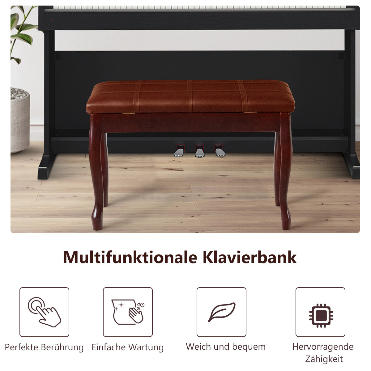Banc de piano Coast avec compartiment à notes tabouret de piano en Massivhoz 75 x 35 x 49 cm marron