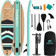 LifeGoods PaddlePro SUP Board - Planche à pagaie gonflable - Ensemble complet - Max. 150KG - 320x81cm - Bois/Vert Menthe