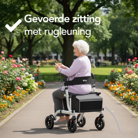 Rollator Brixy - Léger et pliable - Fonction siège - Dossier, sac et support de canne - Gris