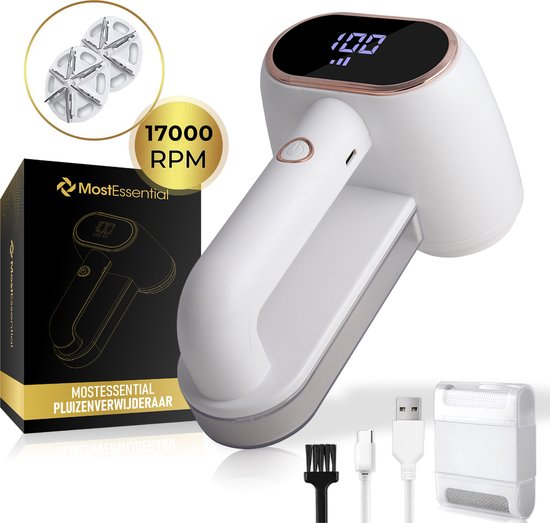 MostEssential Premium Electric Lint Remover LR218 - Tondeuse à charpie - Fonction de charge rapide USB-C - Sans fil - Batterie 2000 mAh - 17 000 RPM - Édition DOUBLE Lame