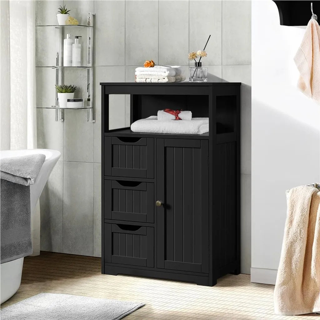 Armoire de salle de bains Yaheetech – 3 tiroirs, compartiment ouvert et étagère réglable – Noir