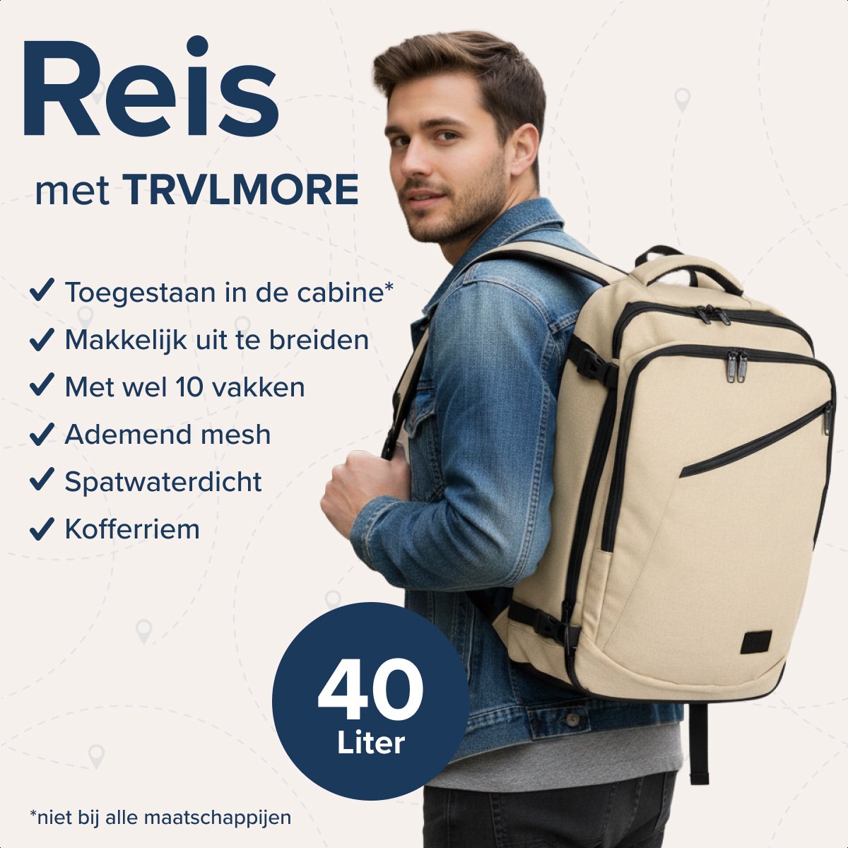 Sac de voyage à dos TRVLMORE 40 L – Bagage à main – 49 x 34 x 13 cm – Beige