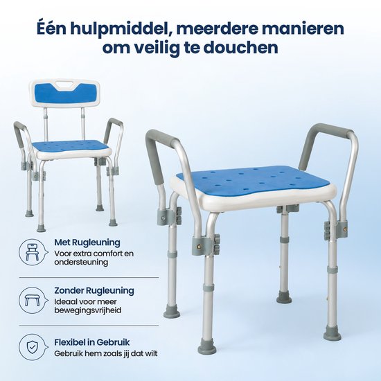 Chaise de douche Truesafe avec dossier et accoudoirs amovibles - Tabouret de douche - Chaise de salle de bain - Antidérapante - Hauteur réglable - Max. 130 kg + sac de douche