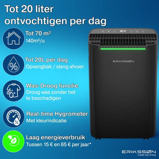 Erikssøn Dry Pro Plus Déshumidificateur 20L - Lavage-séchage, minuterie et hygromètre - Maison, chambre, salle de bain - Noir