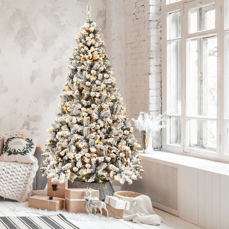 Coast 225 cm sapin de Noël artificiel avec neige et lumières LED blanc chaud sapin de Noël aiguilles en PVC
