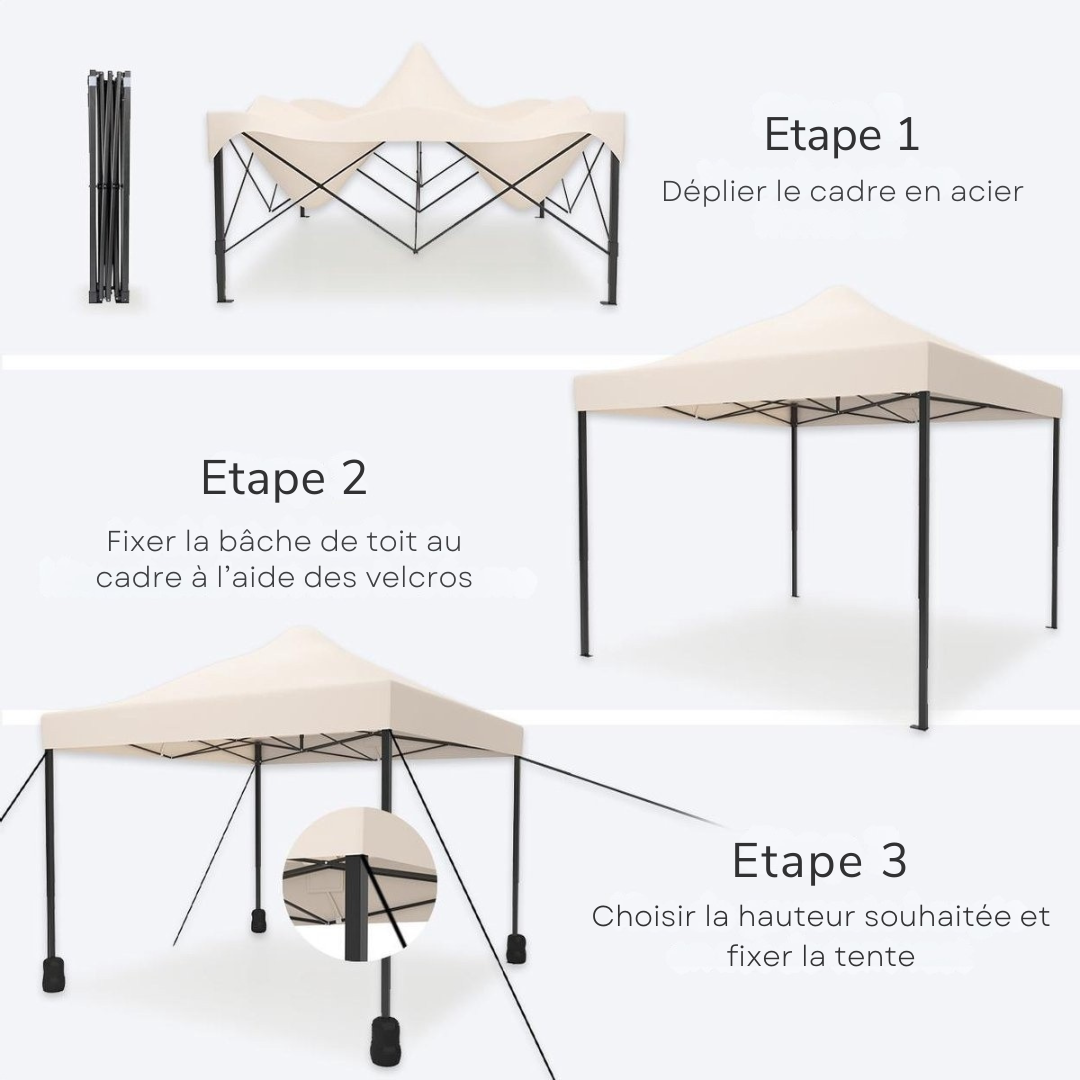 Tente de réception LifeGoods, Pavillon, 3,0 x 4,5 m, facile à monter, pliable, étanche, Sac de transport avec roulettes, Beige