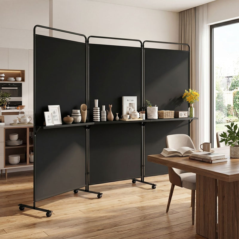 Coast - Séparateur d'espace 3 panneaux sur roulettes - Paravent pliable avec 3 étagères - noir 259 x 44 x 188 cm