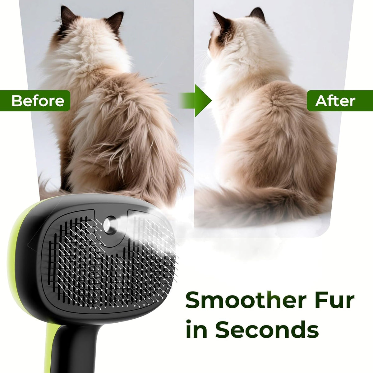 Brosse à vapeur Pecute pour animaux de compagnie, réservoir d'eau de 55 ml, autonettoyante en un clic, brosse de toilettage en acier inoxydable rechargeable par USB pour chats et chiens, verte