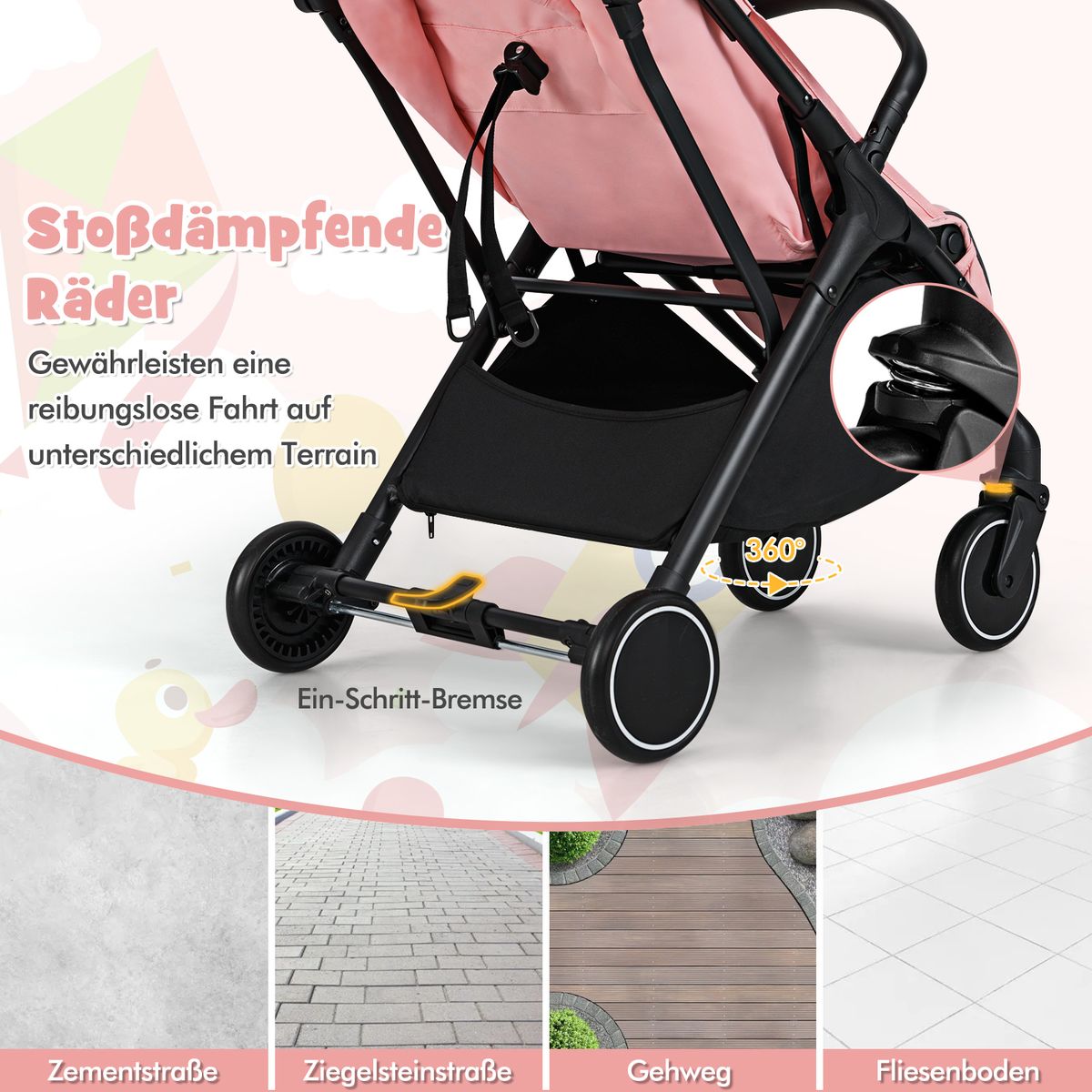 Poussette Coast - poussette de voyage pliable - dossier et repose-pieds réglables - rose