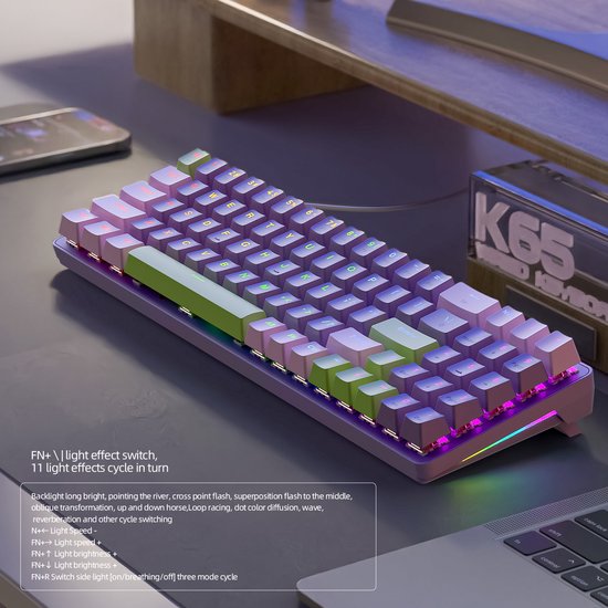 FREEWOLF K65 Clavier mécanique de jeu - Éclairage RGB latéral - 78 touches - Mini NumPad - Interrupteur rouge - Blueberry