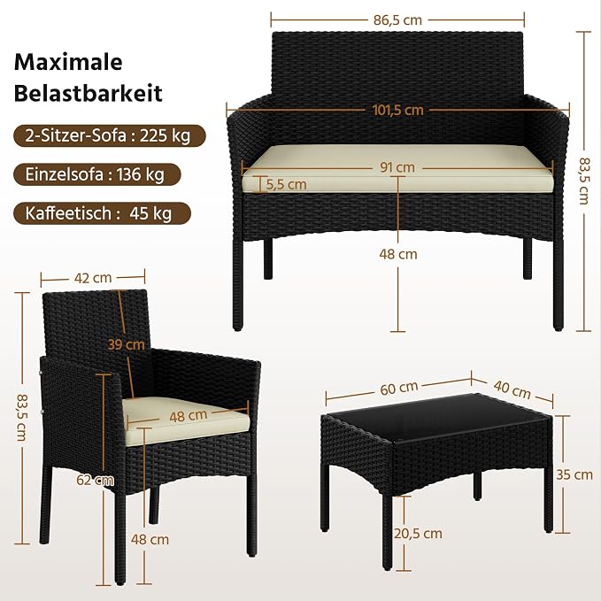 Ensemble de salon en polyrotin 4 pièces Yaheetech – Canapé 2 places, 2 fauteuils et table en verre – Noir/Gris