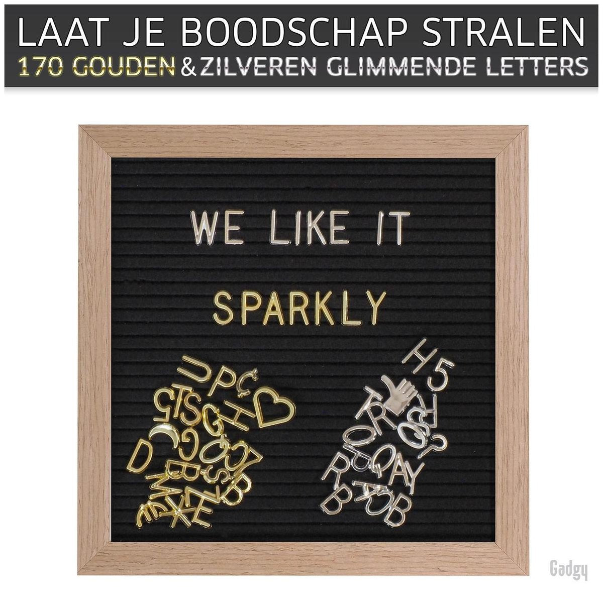 Gadgy Letterbord Zwart Vilt - Houten Lijst 25x25CM - Inclusief 570 Kleuren Letters en 100 Icoontjes - Wanddecoratie Woonkamer - Leuk Cadeau Verjaardag