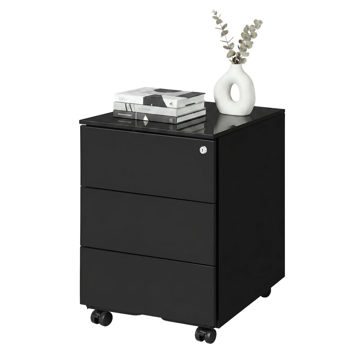 Armoire à dossiers mobile verrouillable Ochama Matte Black – 3 tiroirs, pré-assemblée, pour ranger des documents et des fournitures de bureau, 39 x 45,1 x 53,8 cm – Rangement compact pour le bureau ou le bureau à domicile
