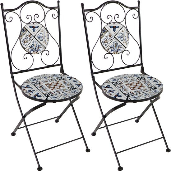 Chaises de bistrot AXI Amélie – Pliantes – Bleu clair – Chaises de jardin pliantes en métal – Dossier haut – Lot de 2 pièces – Effet mosaïque – Incrustées de carreaux de céramique – Capacité de charge de 150 kg – Jardin, terrasse ou balcon