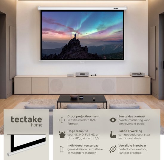 Écran de projection tectake® - 72 pouces (183 cm) - Écran de projection 16:9 - Fixation murale ou au plafond - 4K HD - Enroulable - Déployable - Toile de projection - Écran de présentation - Home cinéma - Matériel de fixation inclus