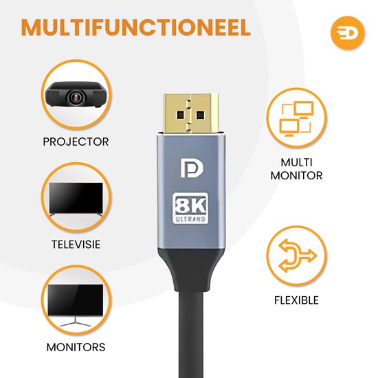 Drivv. Câble Displayport - 8K 60Hz - 4K 144 Hz - 32.4GBps - Displayport 1.4 - Câble DP - PVC - 3 mètres - Gris spatial