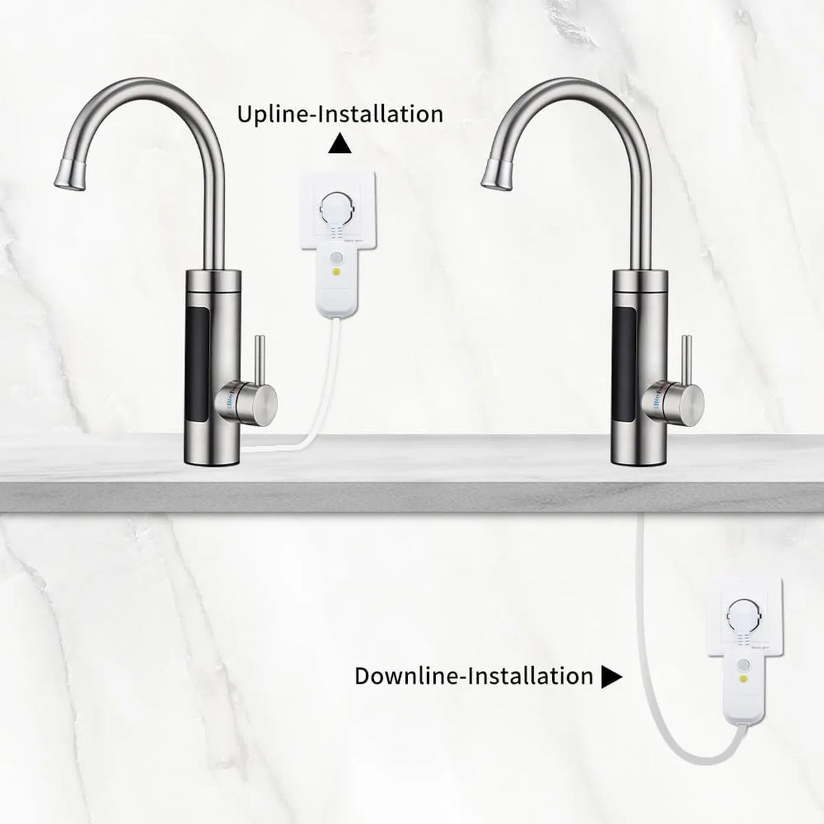 Robinet de cuisine électrique HOMELODY avec chauffe-eau instantané - 3 000 W - 230 V - Écran LED - Acier inoxydable - Argent brossé
