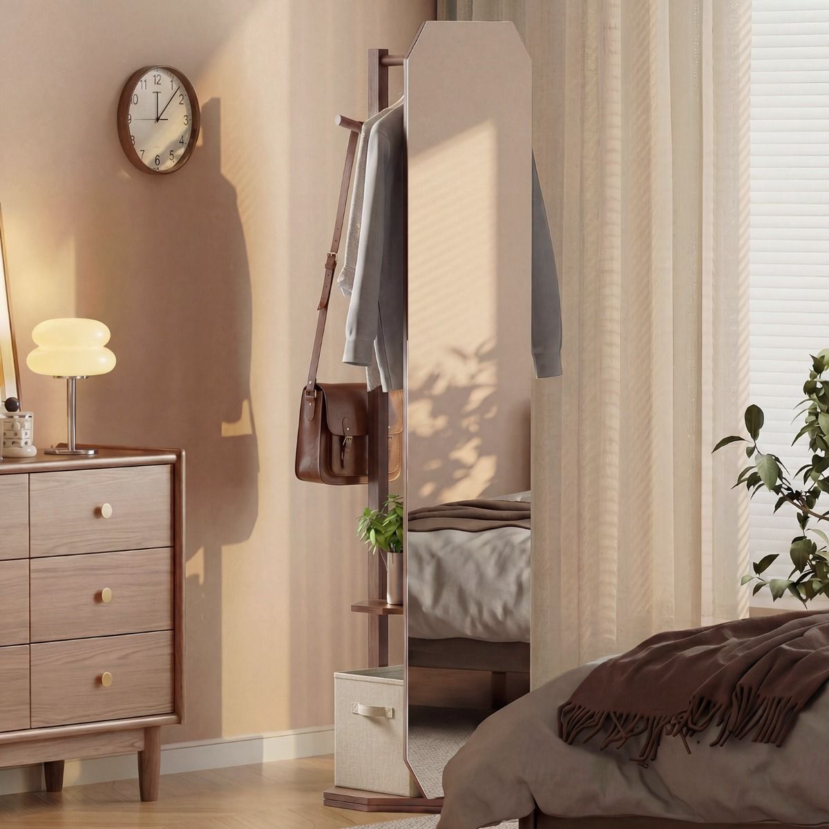 Miroir en pied Coast avec pied - Armoire 3-en-1 - Pivotant à 360° - Noyer