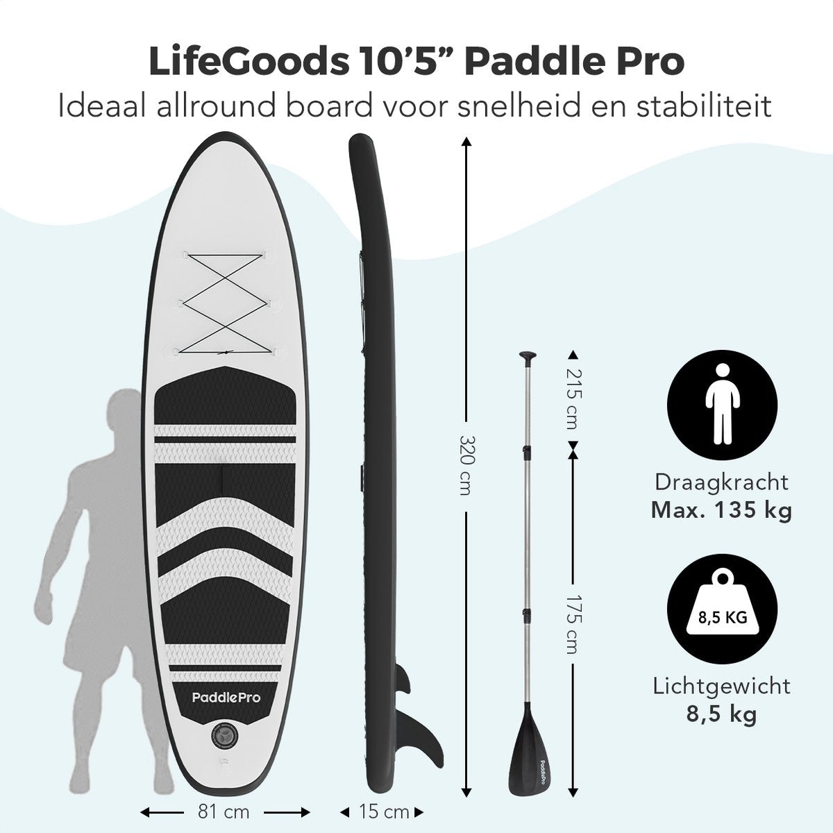 LifeGoods SUP Board - avec siège - Inflatable Paddle Board - Set complet - Max. 135KG - 320x81cm - Blanc/Noir