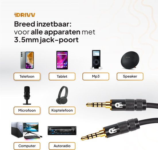 Drivv. Câble AUX 3,5 mm - Jack à Jack - Câble audio 4 pôles - Plaqué or - Mâle à Mâle - PVC - Noir - 2 mètres