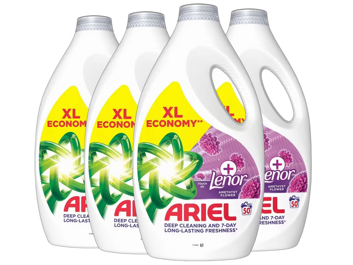 Lessive liquide Ariel + Lenor Amethyst Flower - 4 x 2,25 l - 200 lavages - Jusqu'à 7 jours de fraîcheur