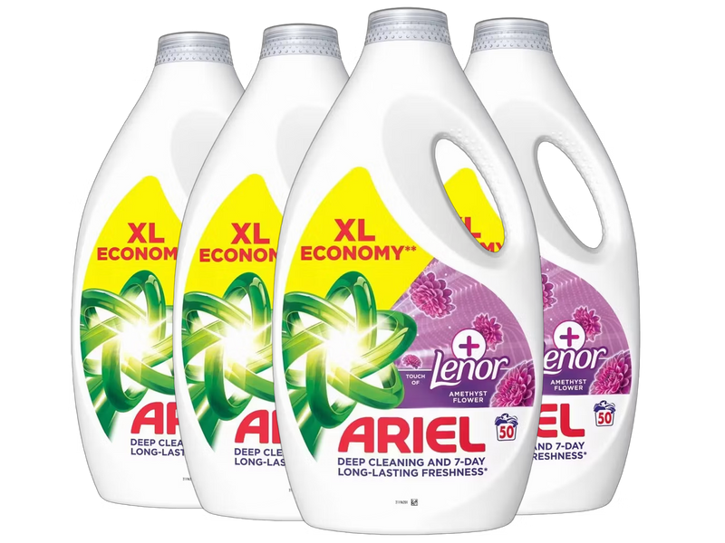 Lessive liquide Ariel + Lenor Amethyst Flower - 4 x 2,25 l - 200 lavages - Jusqu'à 7 jours de fraîcheur